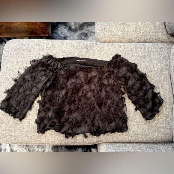 Zara black mini fringe blouse size S - Picture 1 of 7